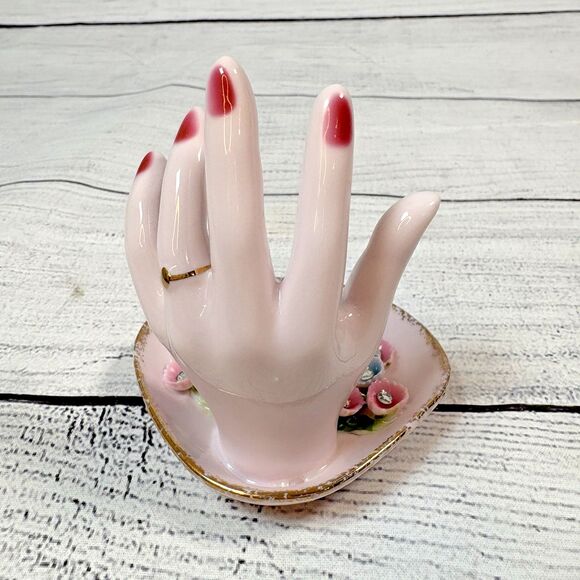 Vtg LEFTON Porcelain Pink HAND Figurine Display RING HOLDER Trinket Floral 3.5" - Picture 3 of 6